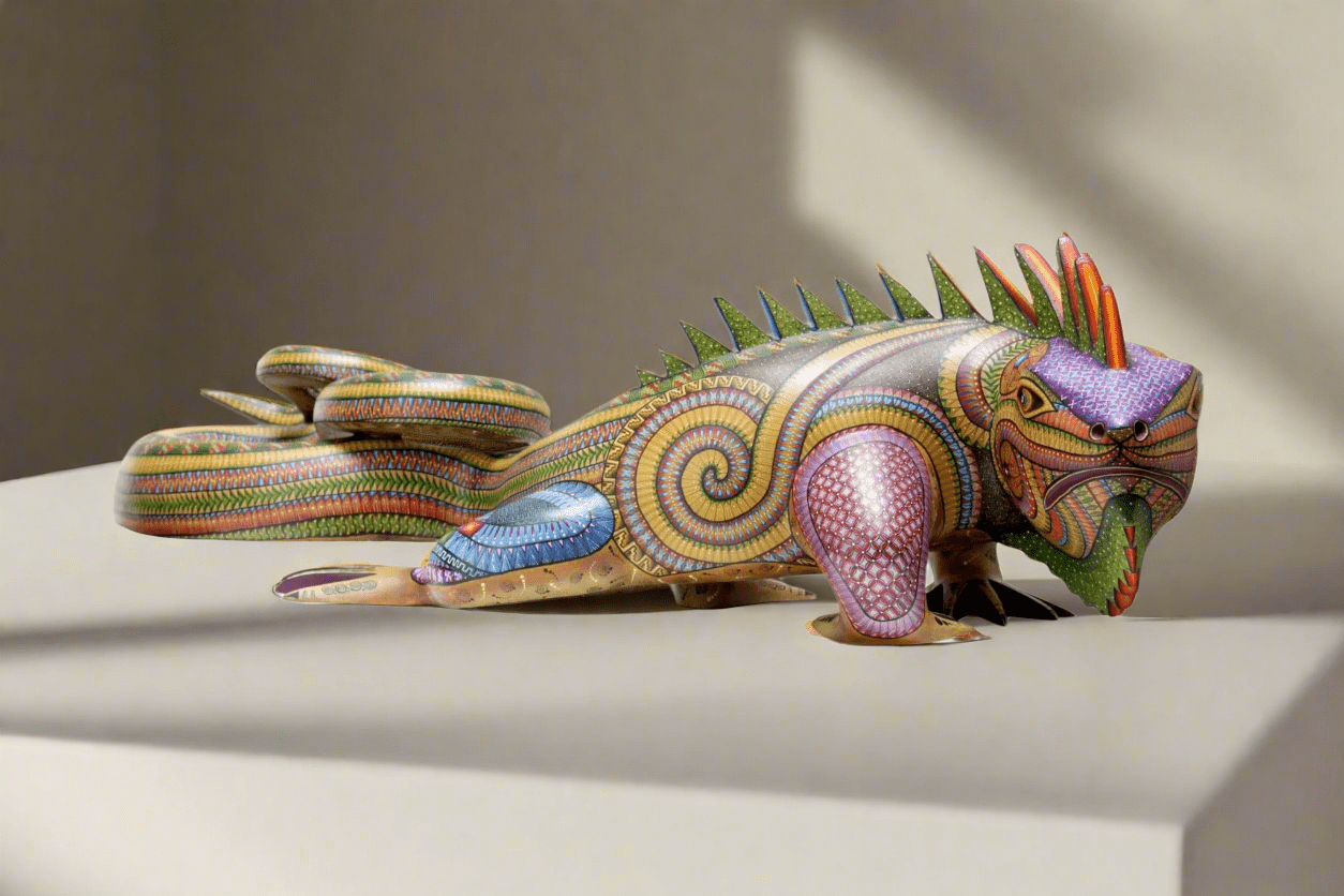 Alebrije - Iguana zapoteca multicolor - Arte Huichol - Marakame