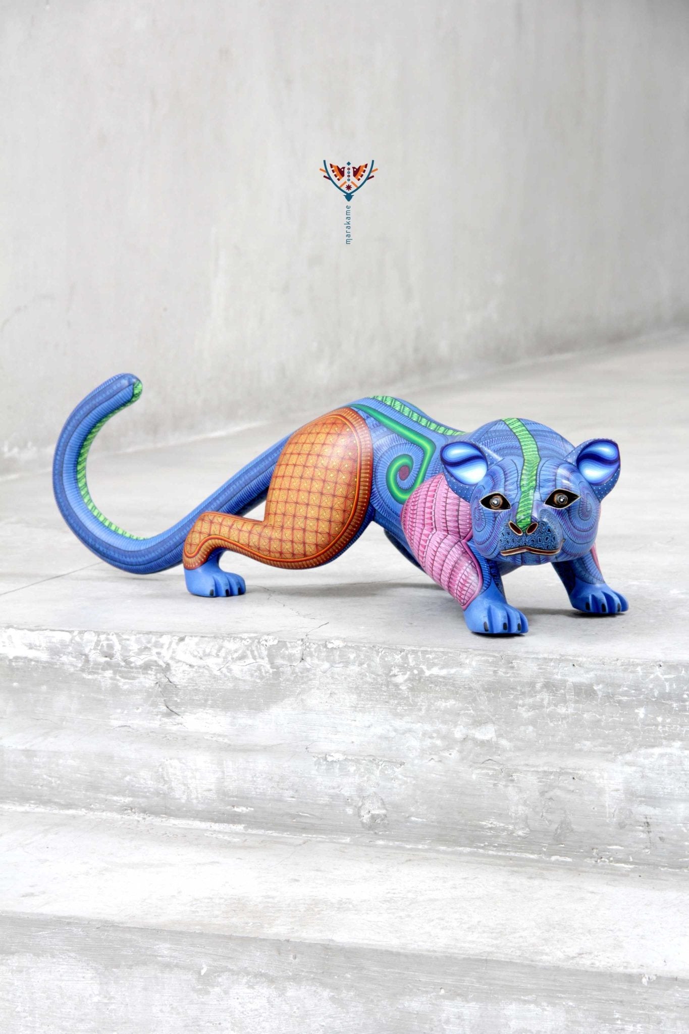 Alebrije - jaguar mexicano azul - Arte Huichol - Marakame