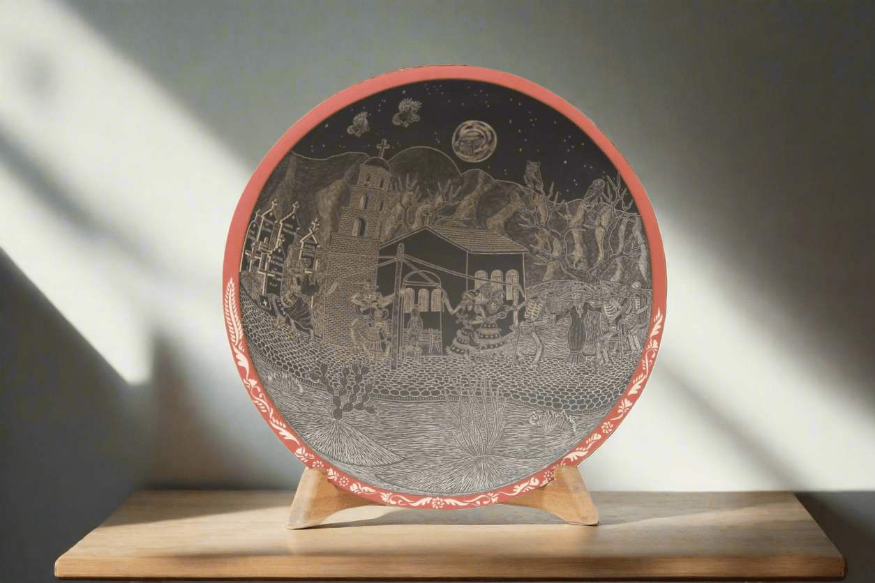 Cerámica de Mata Ortiz - Plato de Día de muertos - Conejo en la Luna de Noche - Arte Huichol - Marakame