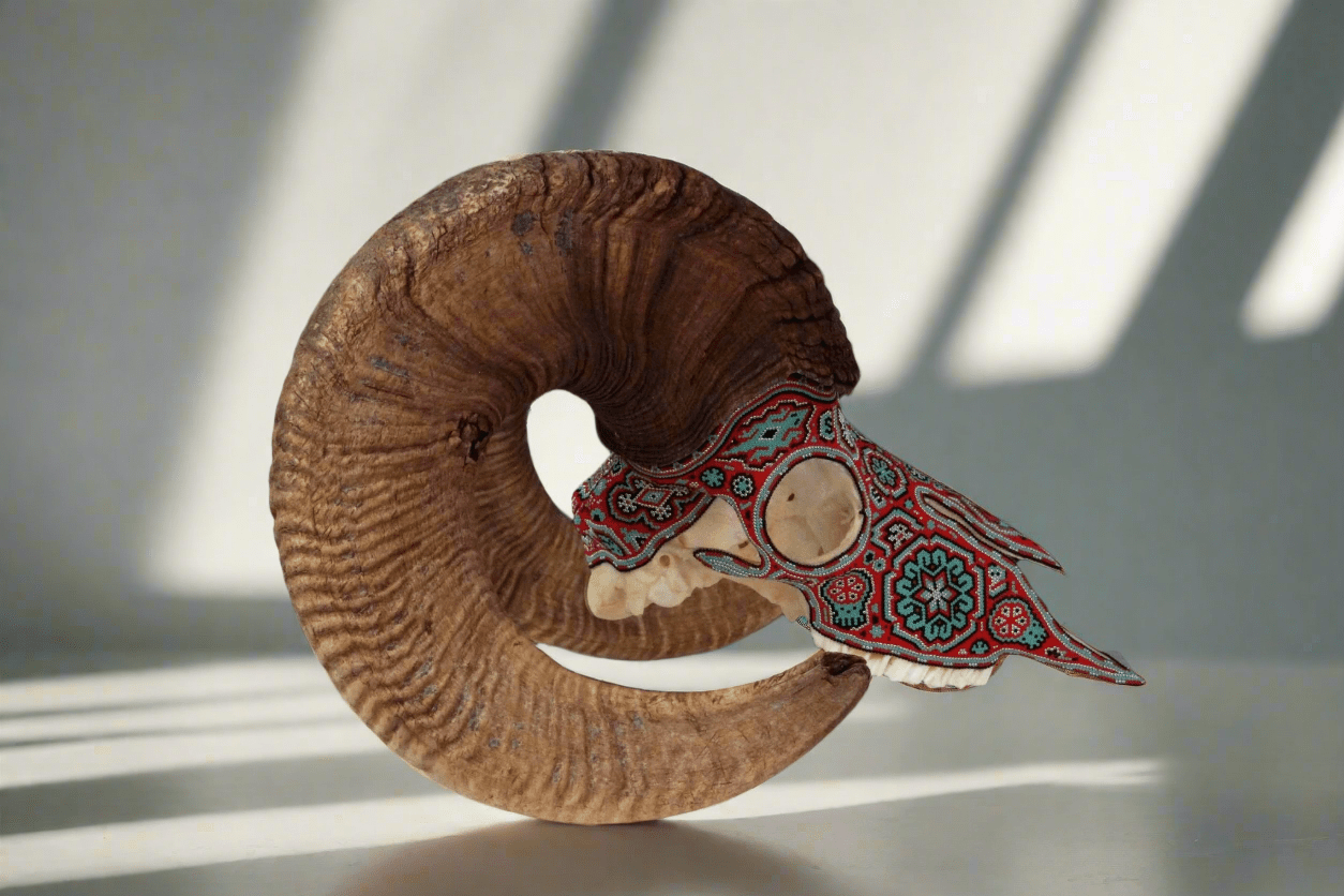 Cráneo auténtico de borrego Cimarrón - Tatewari - Arte Huichol - Marakame