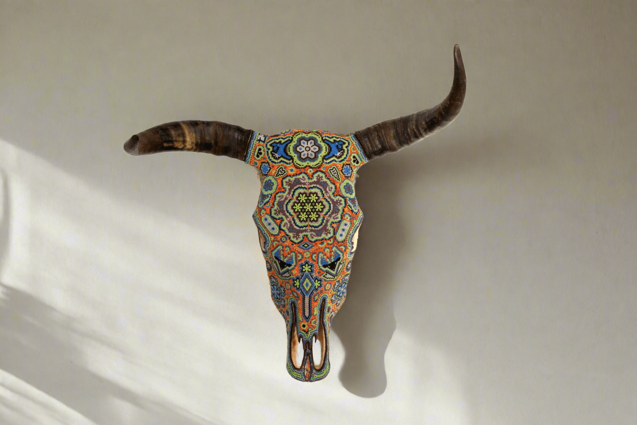 Cráneo de vaca Arte Huichol - Peyote - Arte Huichol - Marakame