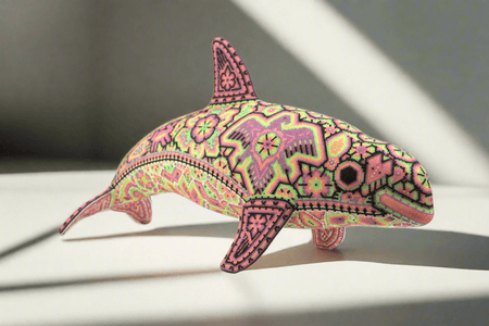 Escultura Arte Huichol - Vaquita marina con nuevos cristales neón - Haramara I - Arte Huichol - Marakame