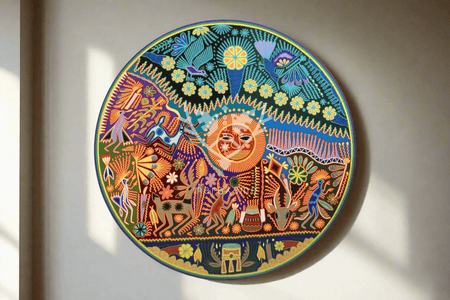 Nierika de Estambre Círculo Huichol - Nacimiento del padre Sol - 120 cm. - Arte Huichol - Marakame